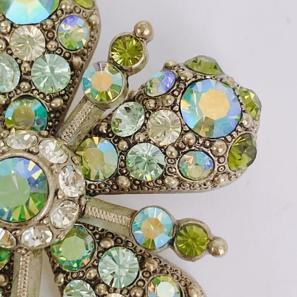 VTG Signed Joan Rivers Green Aurora Borealis Flower Brooch Gold Tone Sparkling - Picture 4 of 14